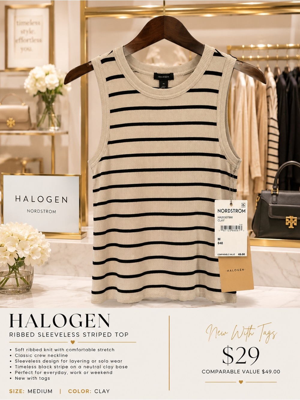 Halogen Nordstrom Women’s Ribbed Striped Sleeveless Tank Top Clay Black Size M N